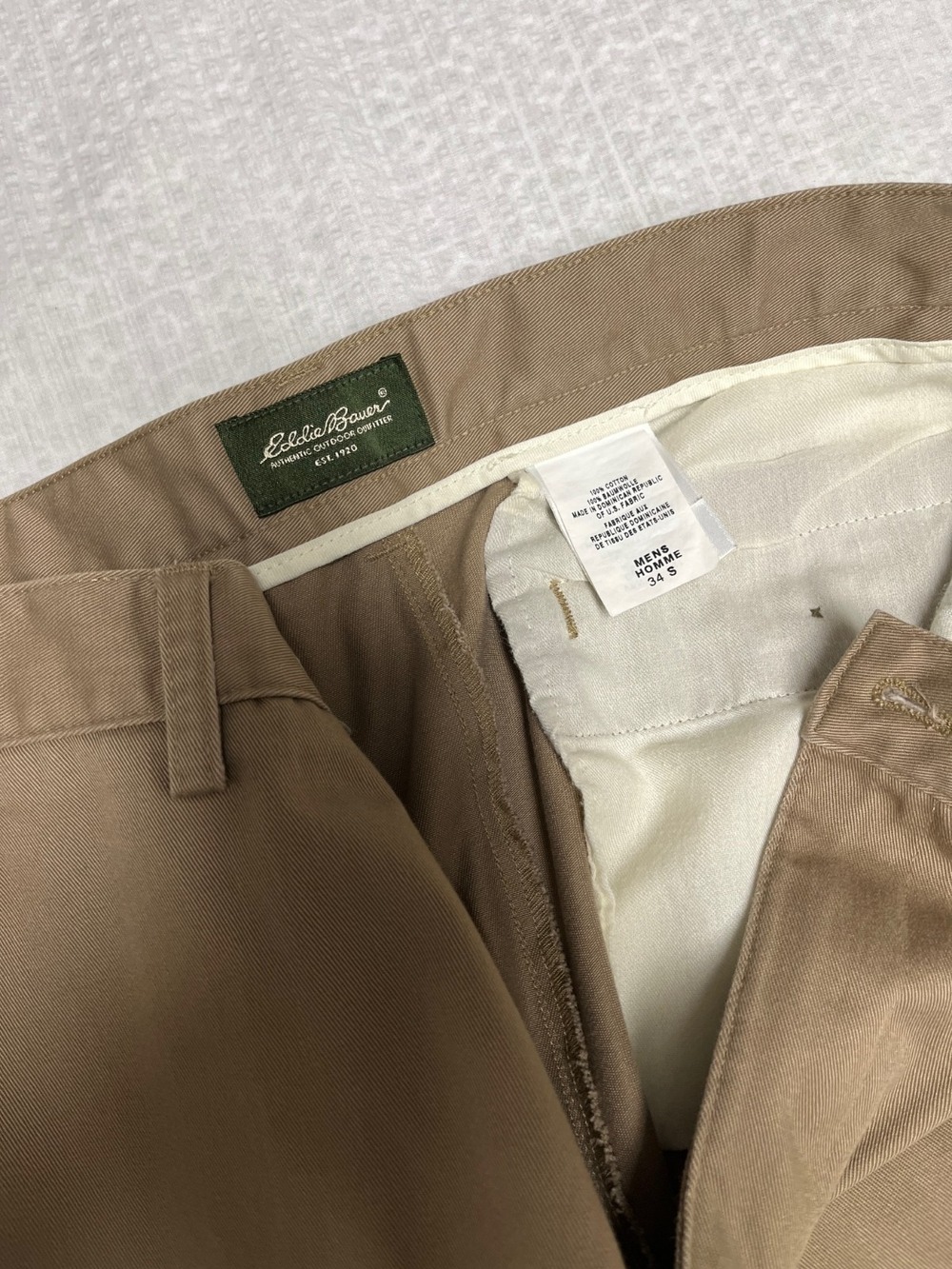 Men's Eddie Bauer Casual Pants Tan 34X30 flat front. Waist measures 33" actual